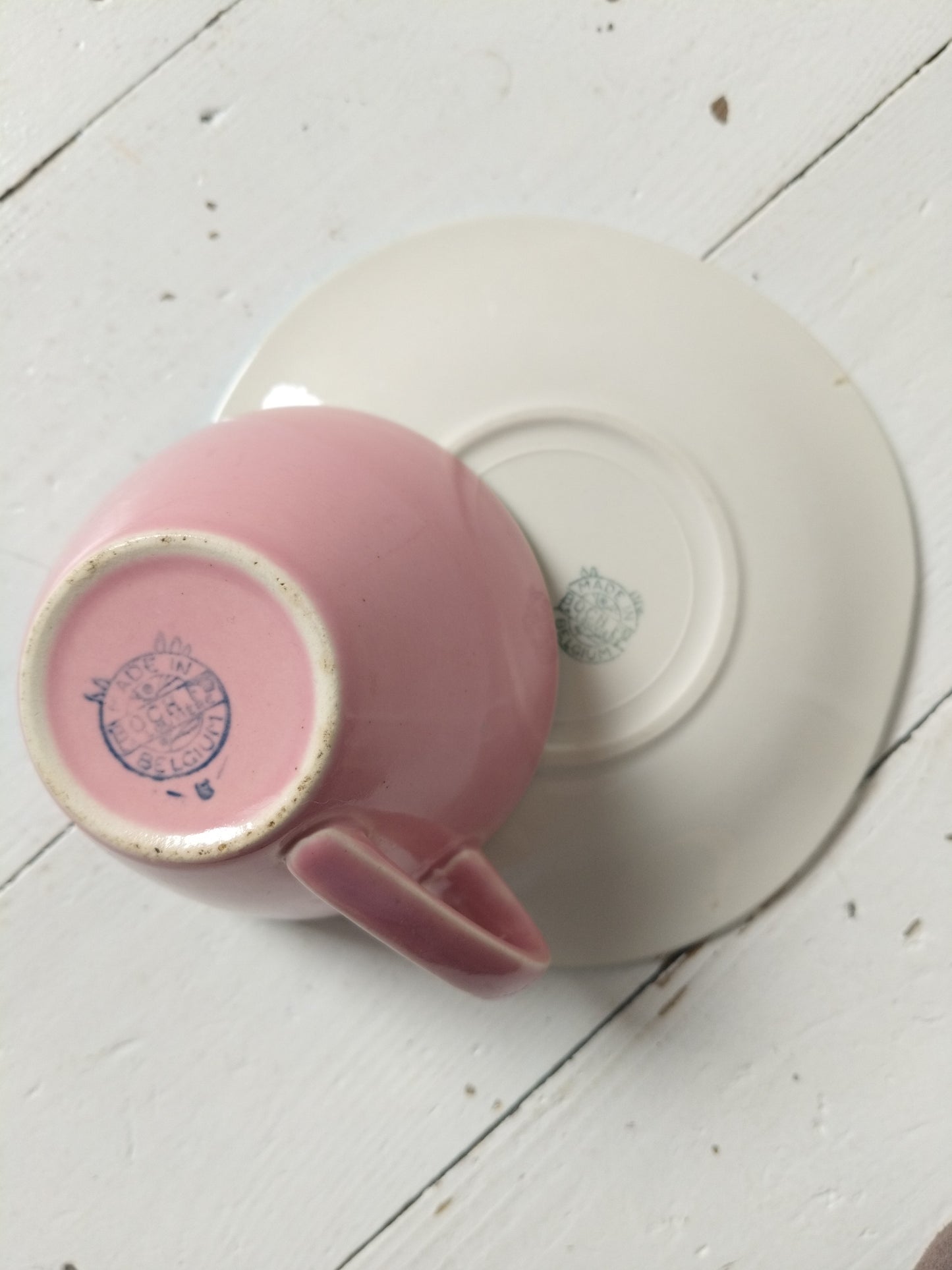 Ensemble 1 tasse rose et 1 soucoupe bleu ciel Boch La Louvière Miami Bicolore