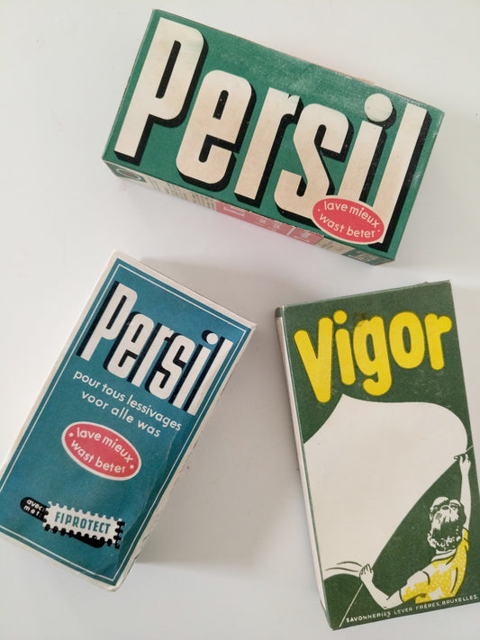 Ancienne boîte cartonnée de poudre de savon au choix : Persil, Soleil ou Vigor (français/ néerlandais)