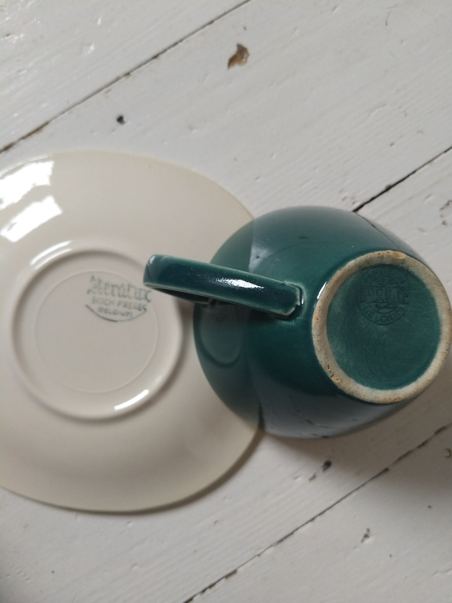 Ensemble 1 tasse verte + 1 soucoupe jaune Kéralux Boch La Louvière Miami Bicolore