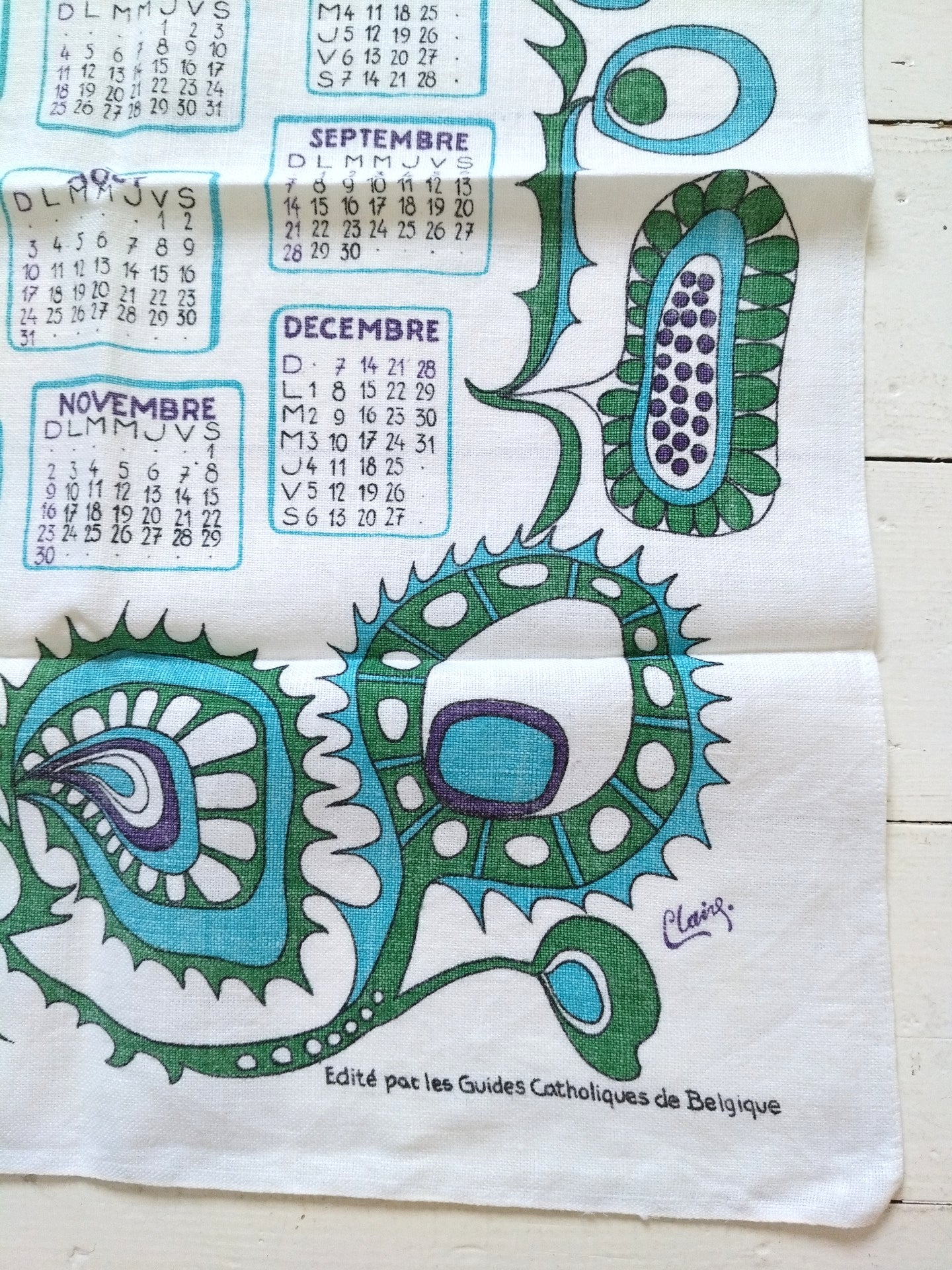 Torchon calendrier 1969 Guides Catholiques de Belgique