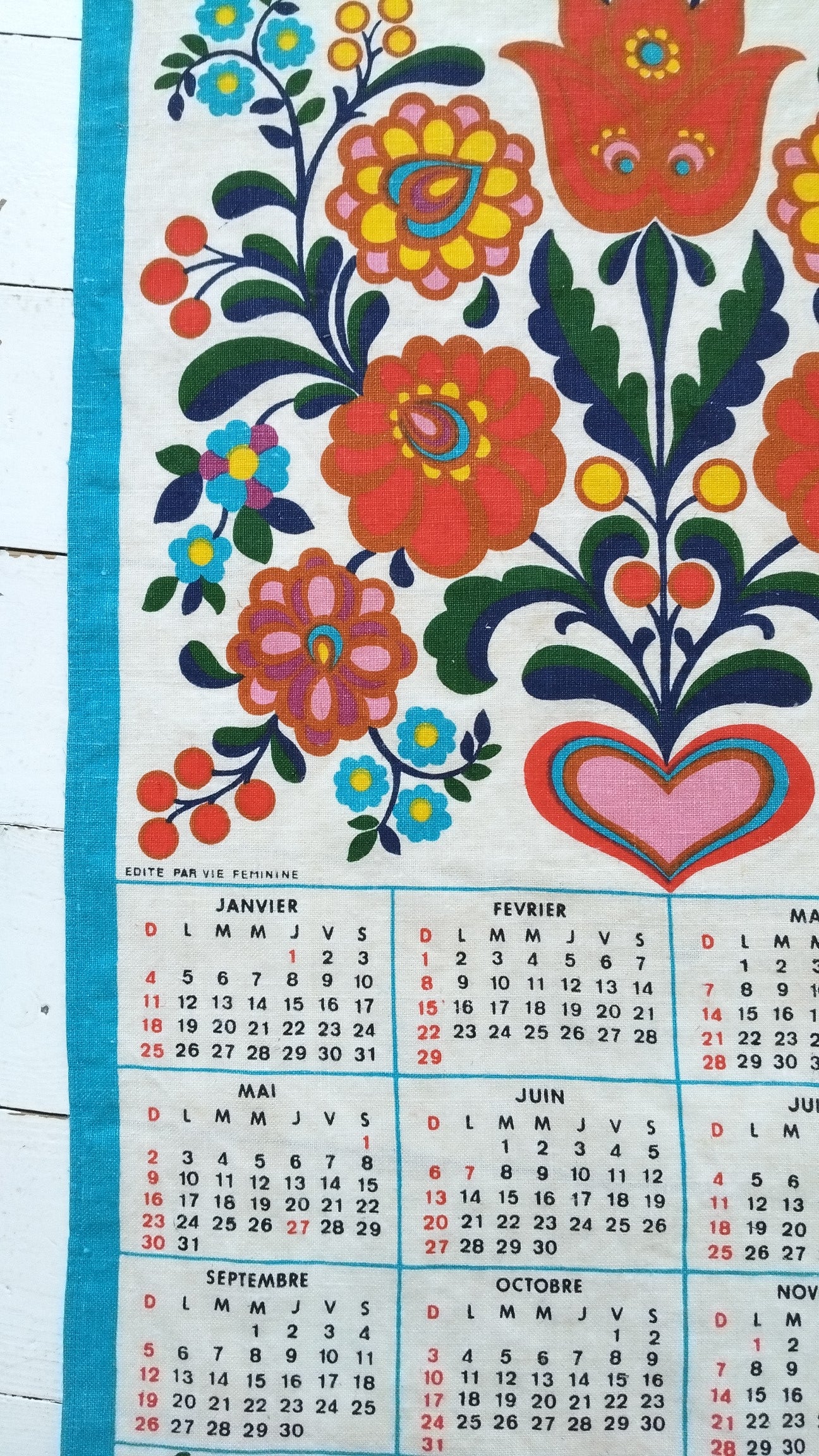 Torchon calendrier 1976 vie féminine