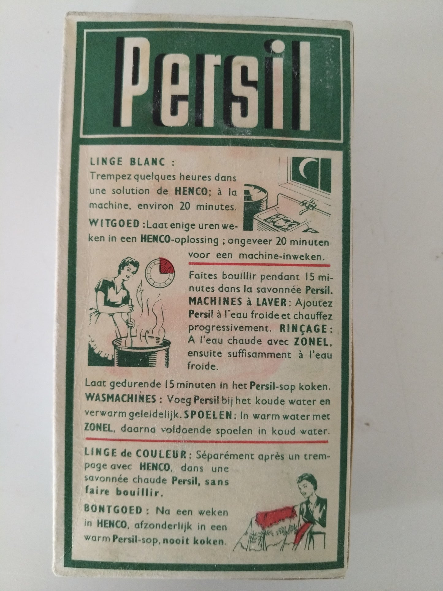 Ancienne boîte cartonnée de poudre de savon au choix : Persil, Soleil ou Vigor (français/ néerlandais)