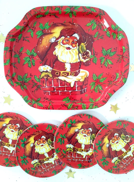 Mini plateau et 4 sous-verres métalliques de Noël publicitaires Yves Rocher