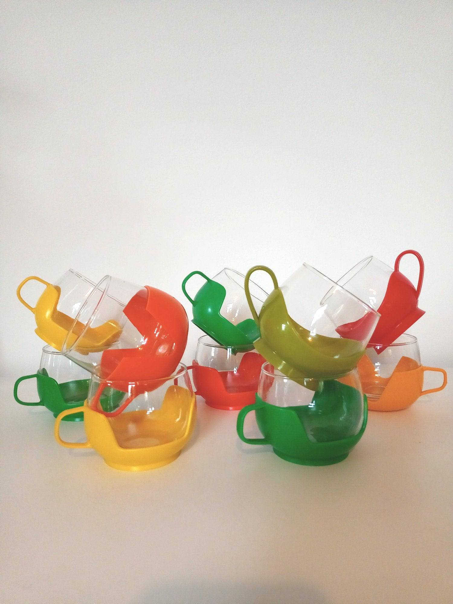 Set 6 Tasses à Café Vintage Melitta Années 70 - Plateau Plastique Jaune Et Marron