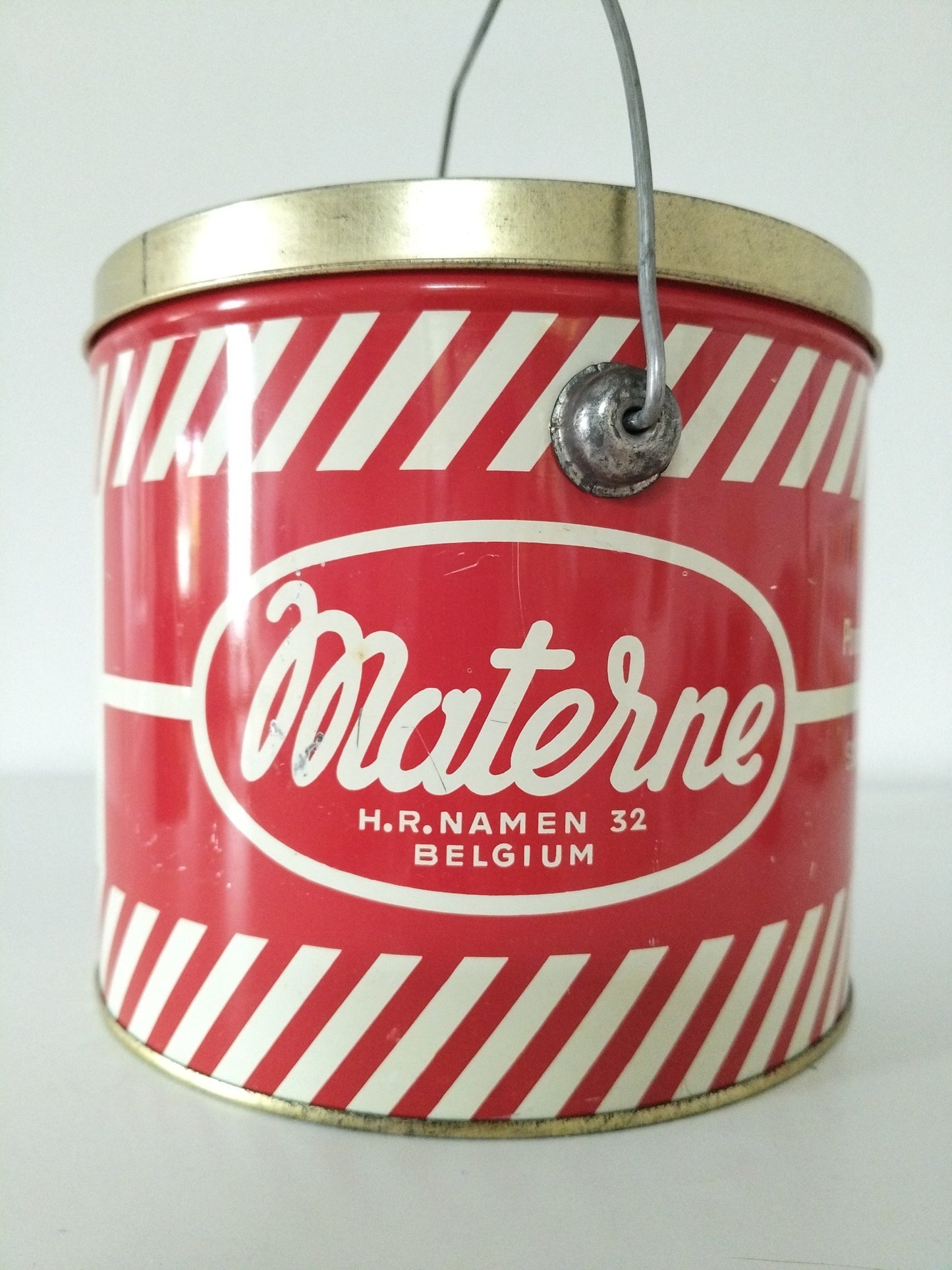 Ancienne grande boîte métallique/ seau confiture Materne Namur Belgique années 50-60