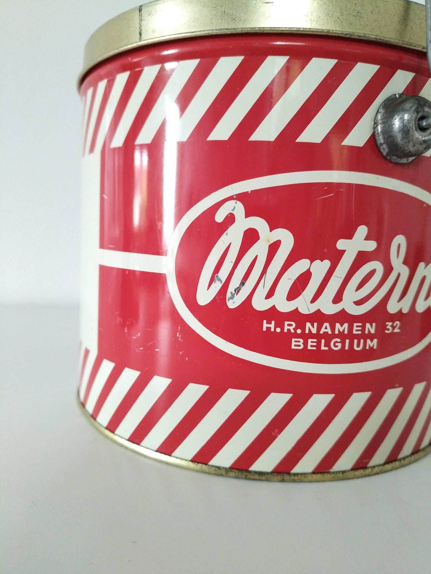 Ancienne grande boîte métallique/ seau confiture Materne Namur Belgique années 50-60