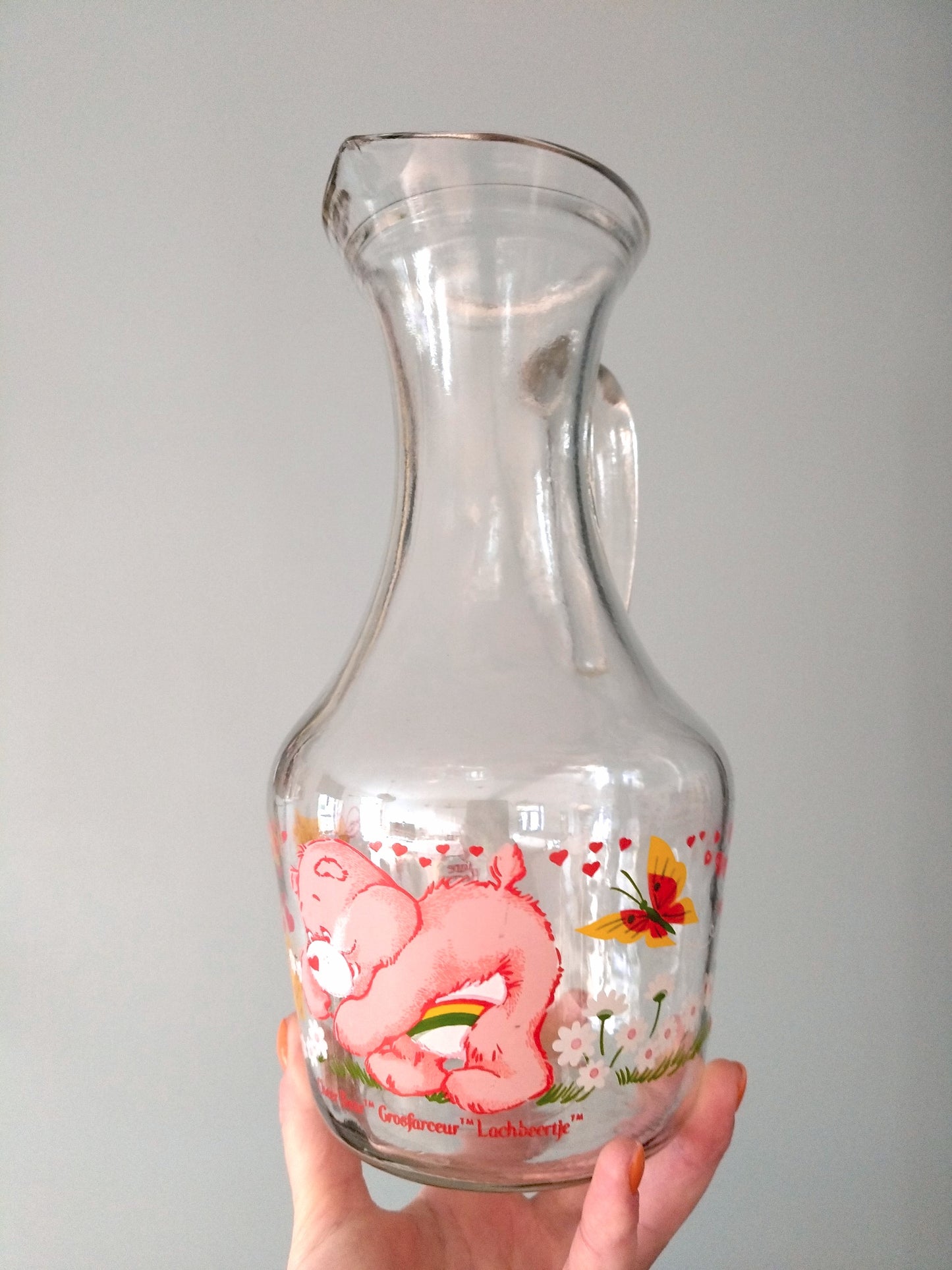 Carafe pichet cruche en verre Care Bears Les Bisounours Cheer Bear Grosfarceur 1985