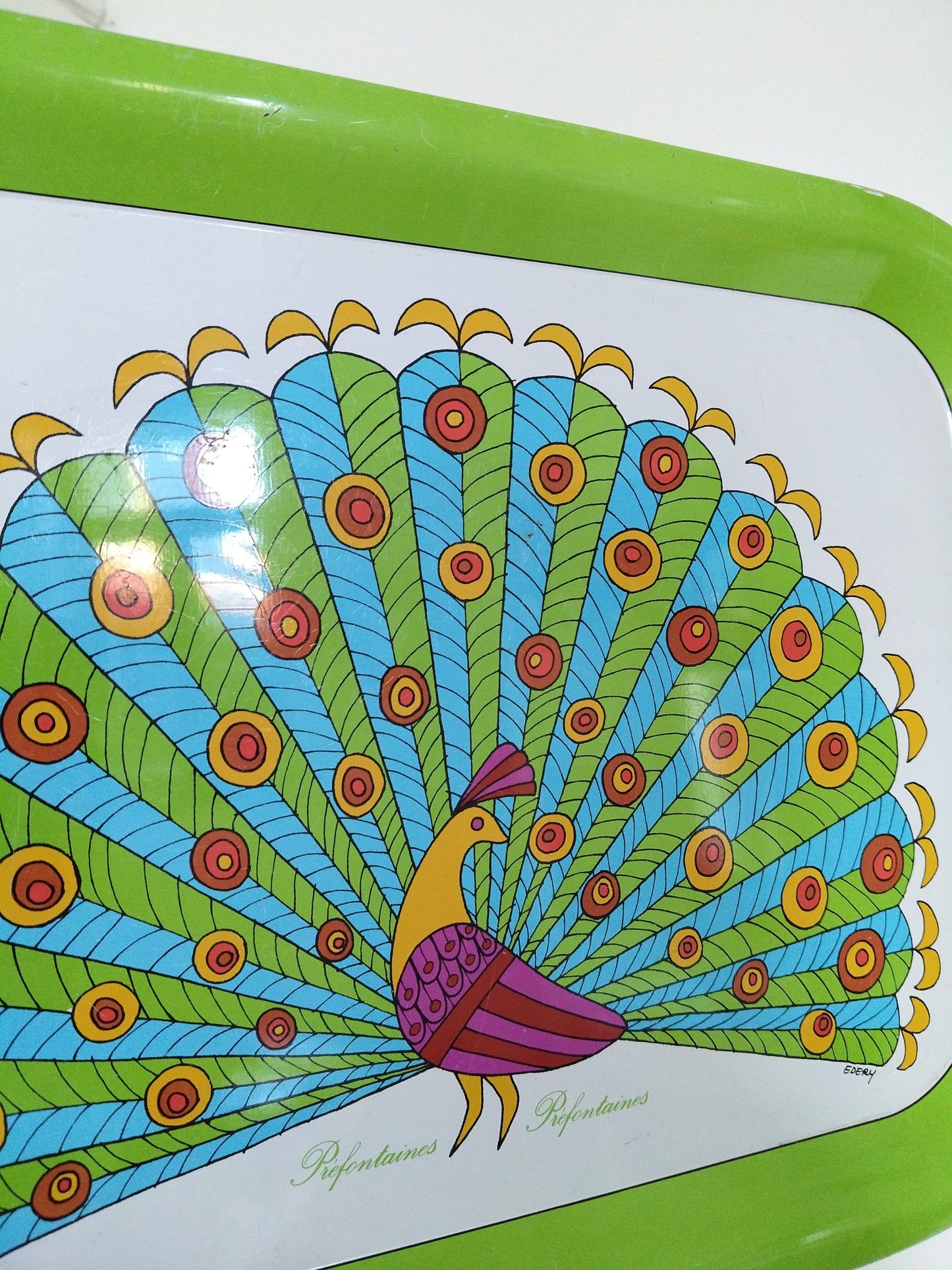 Plateau métallique paon publicitaire Préfontaines Edery