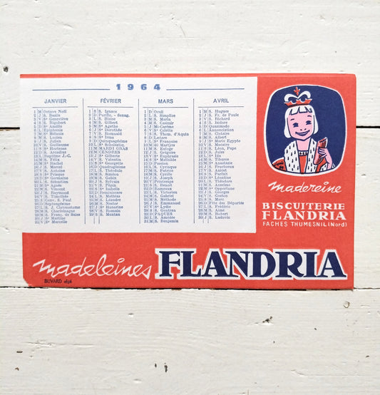 Ancien buvard publicitaire calendrier 1964 biscuiterie madeleines Flandria