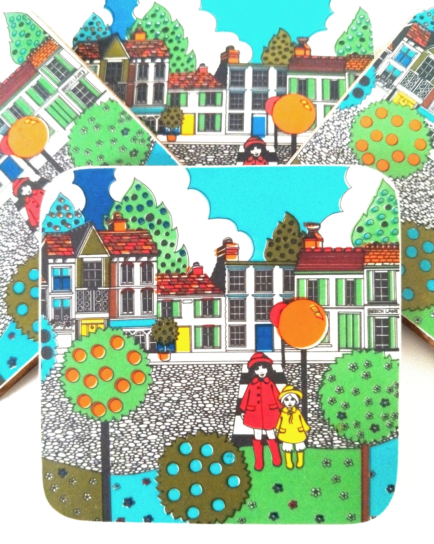 Ensemble de 4 sous-verres Kaléidoscope England par Sally Grégory Hersper (2 sets disponibles) - cetaitmieuxavant