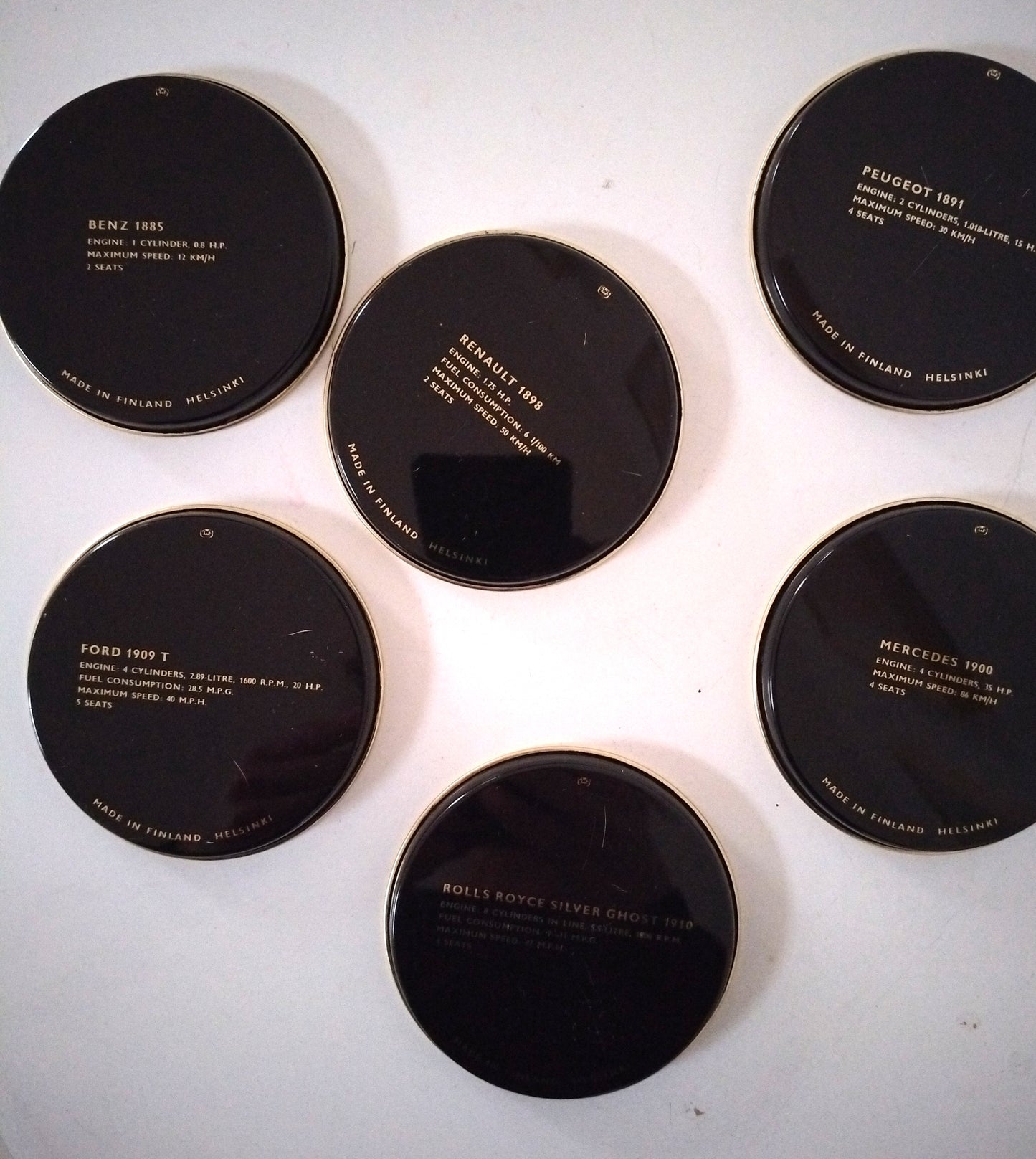 6 sous-verres métalliques voitures anciennes fin 1800 début 1900 made in Finlande