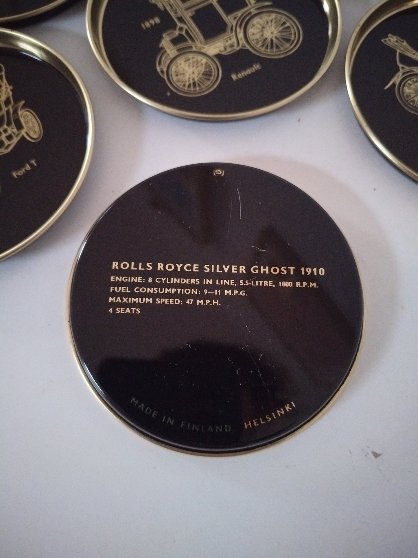 6 sous-verres métalliques voitures anciennes fin 1800 début 1900 made in Finlande