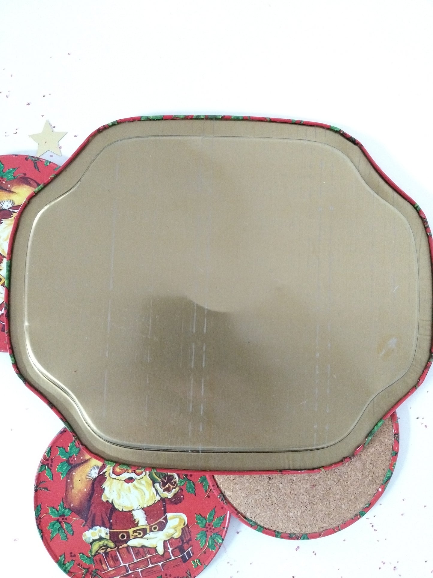 Mini plateau et 4 sous-verres métalliques de Noël publicitaires Yves Rocher