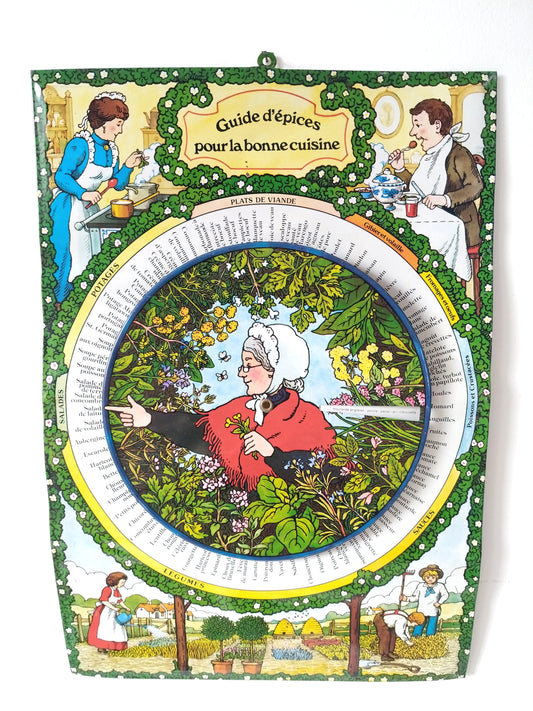 Ancienne plaque murale en tôle guide d'épices pour la bonne cuisine - cetaitmieuxavant