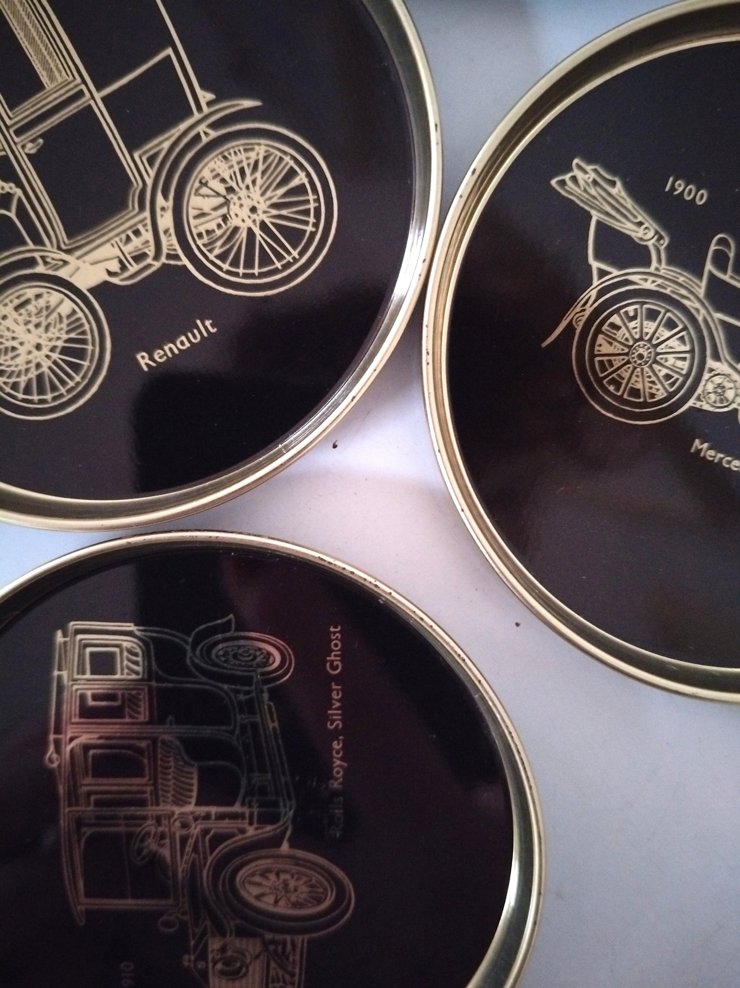 6 sous-verres métalliques voitures anciennes fin 1800 début 1900 made in Finlande