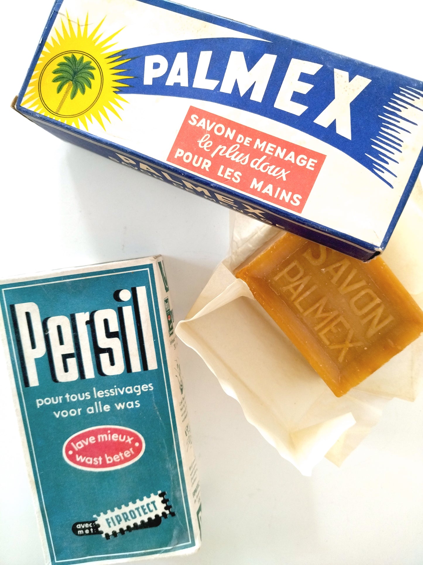 Ancienne boîte cartonnée de lessive Persil ou savon de ménage Palmex (français/ néerlandais)