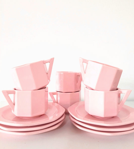 Ensemble de deux tasses + sous-tasses octogonales en porcelaine rose 90's
