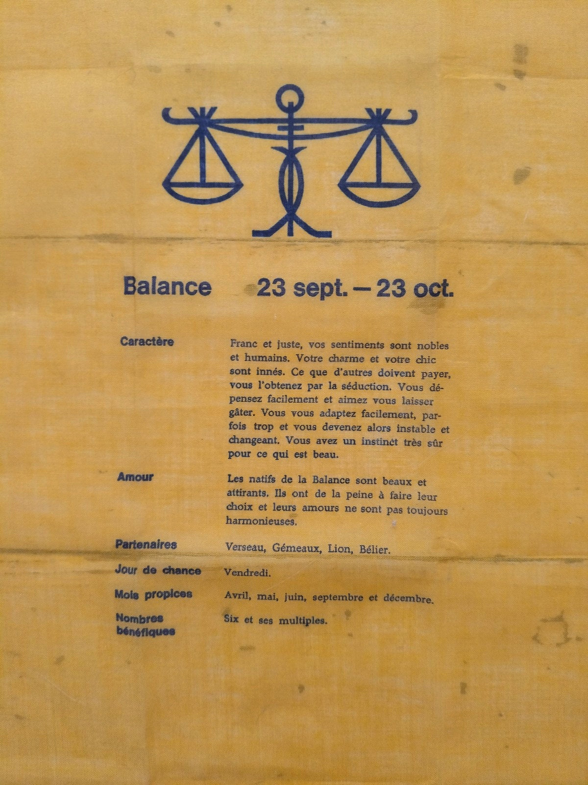 Mouchoir de poche en coton signe astrologique Balance