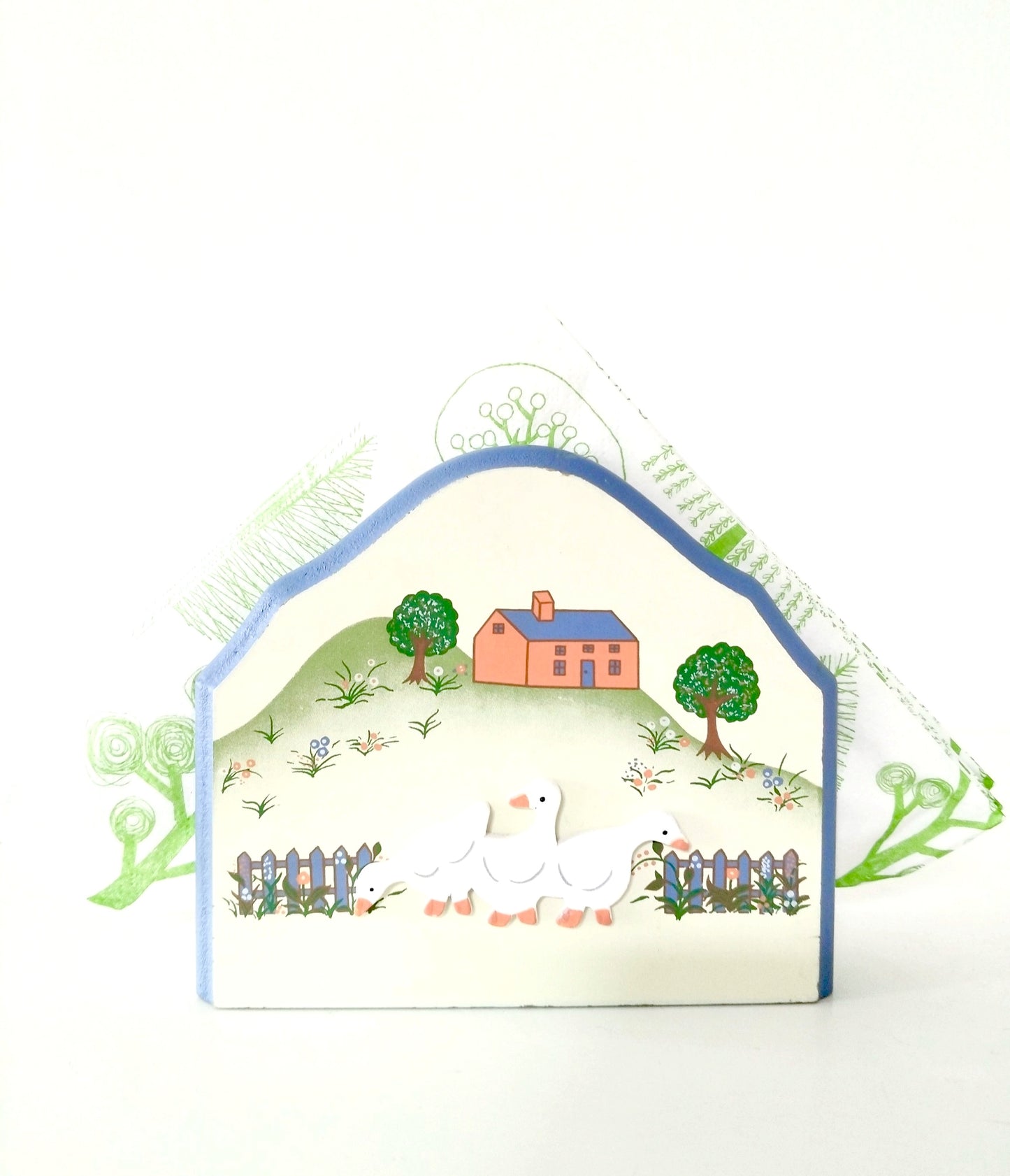 Porte-serviettes ou courrier en bois décor oies