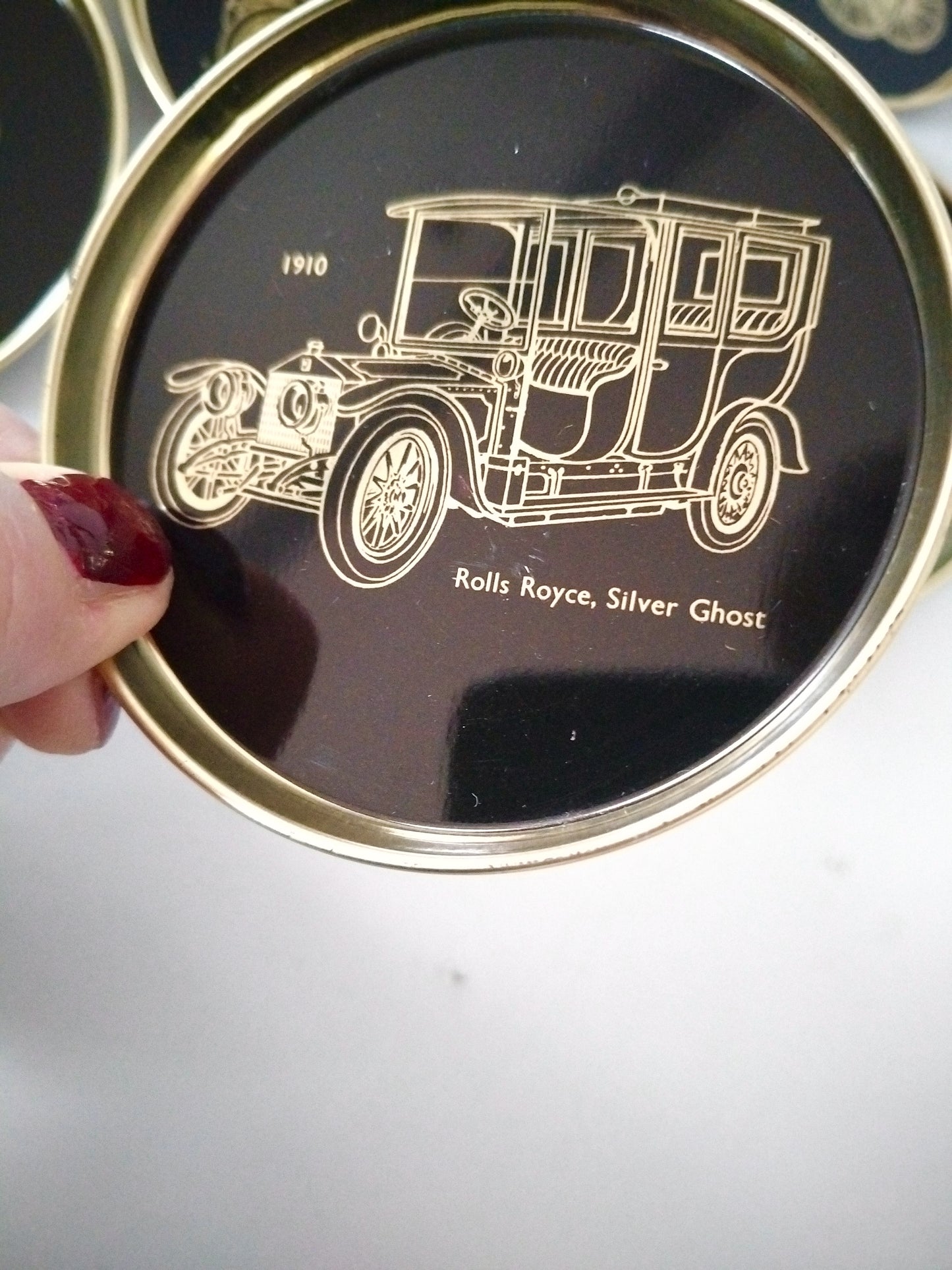 6 sous-verres métalliques voitures anciennes fin 1800 début 1900 made in Finlande