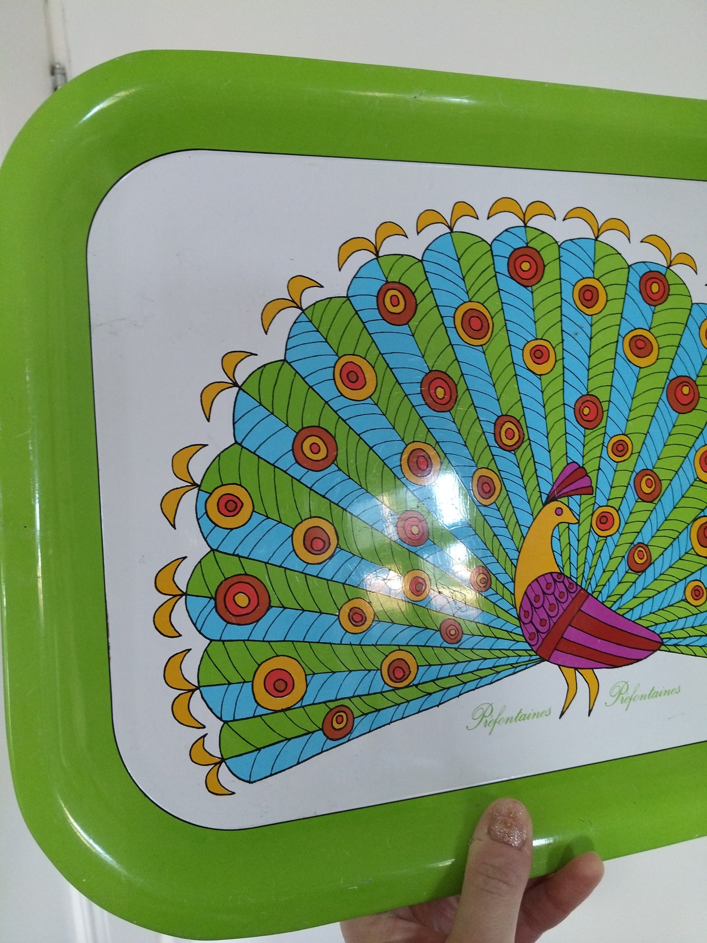 Plateau métallique paon publicitaire Préfontaines Edery