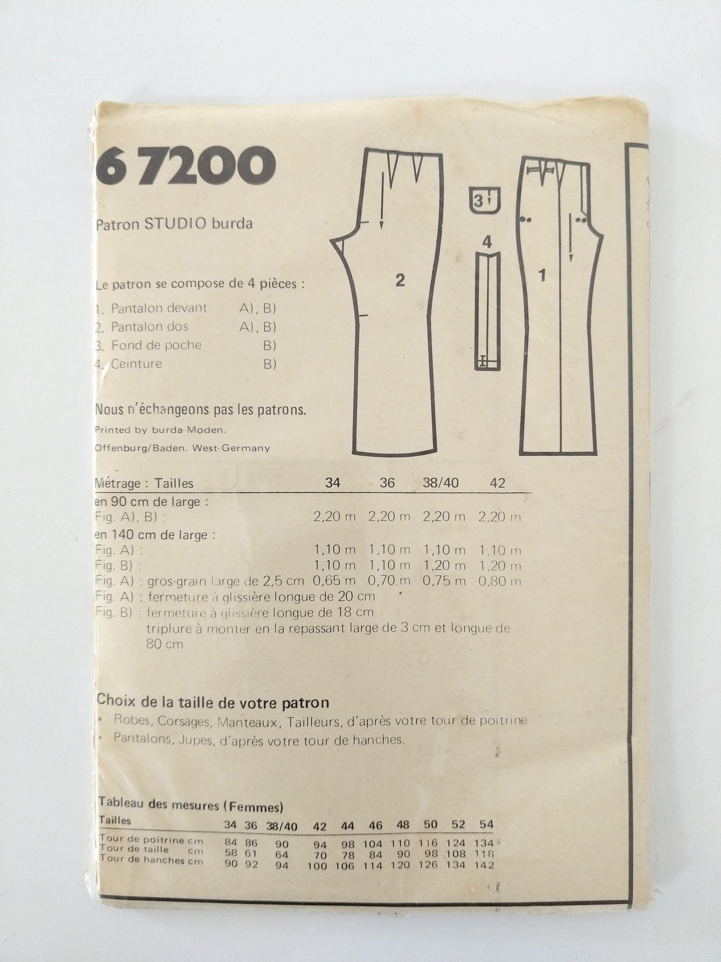 Patron burda Studio-Schnitt 6 7200 pantalon à deux tailles