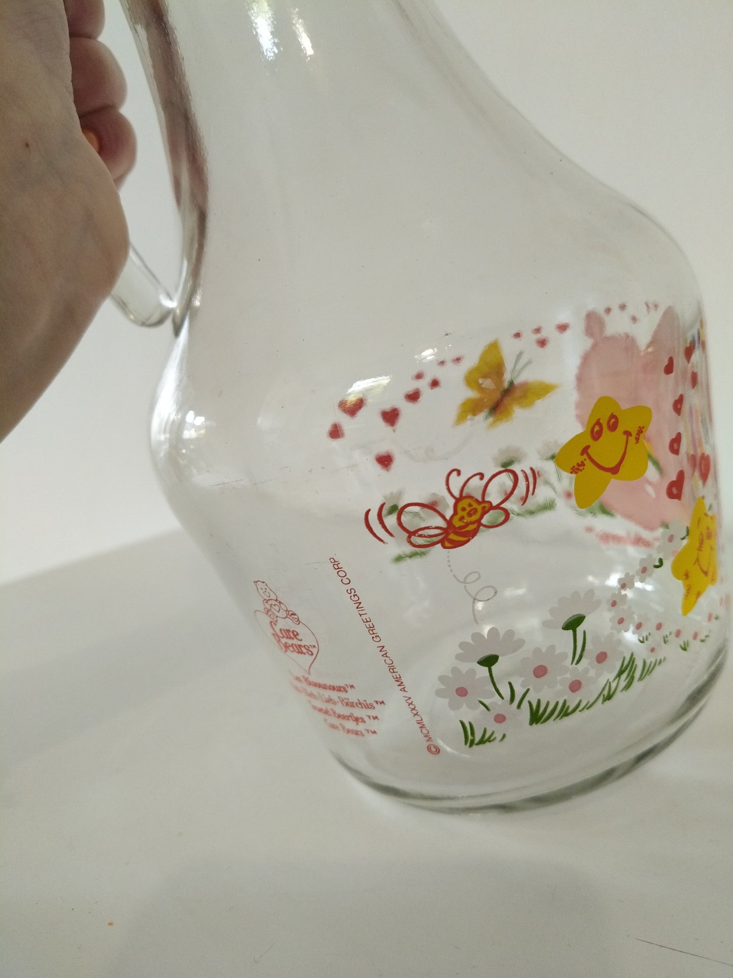 Carafe pichet cruche en verre Care Bears Les Bisounours Cheer Bear Grosfarceur 1985