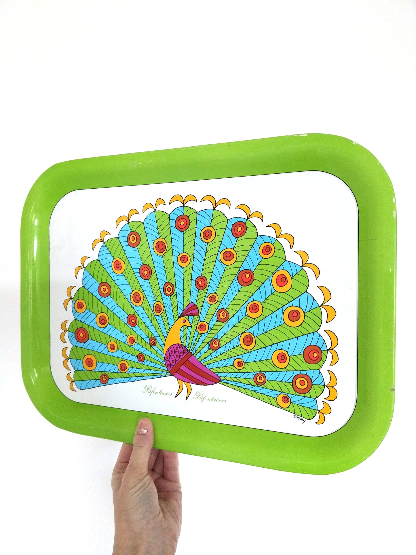 Plateau métallique paon publicitaire Préfontaines Edery