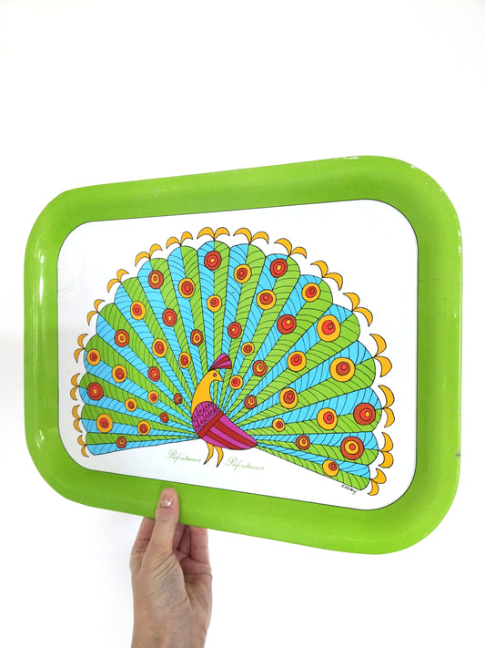 Plateau métallique paon publicitaire Préfontaines Edery