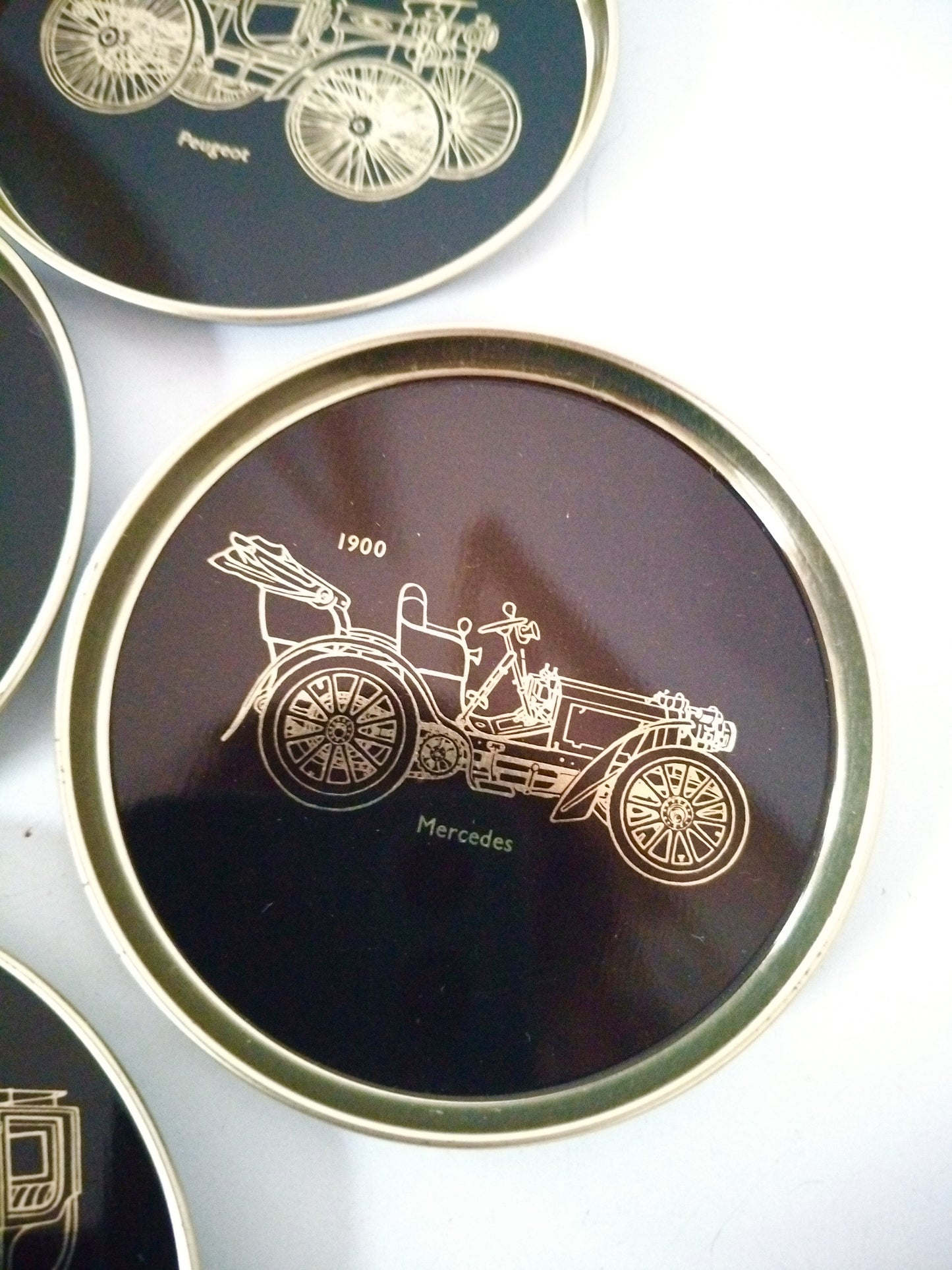 6 sous-verres métalliques voitures anciennes fin 1800 début 1900 made in Finlande