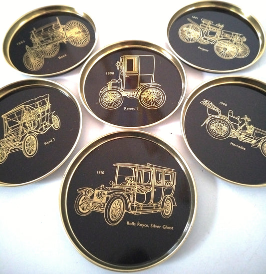 6 sous-verres métalliques voitures anciennes fin 1800 début 1900 made in Finlande