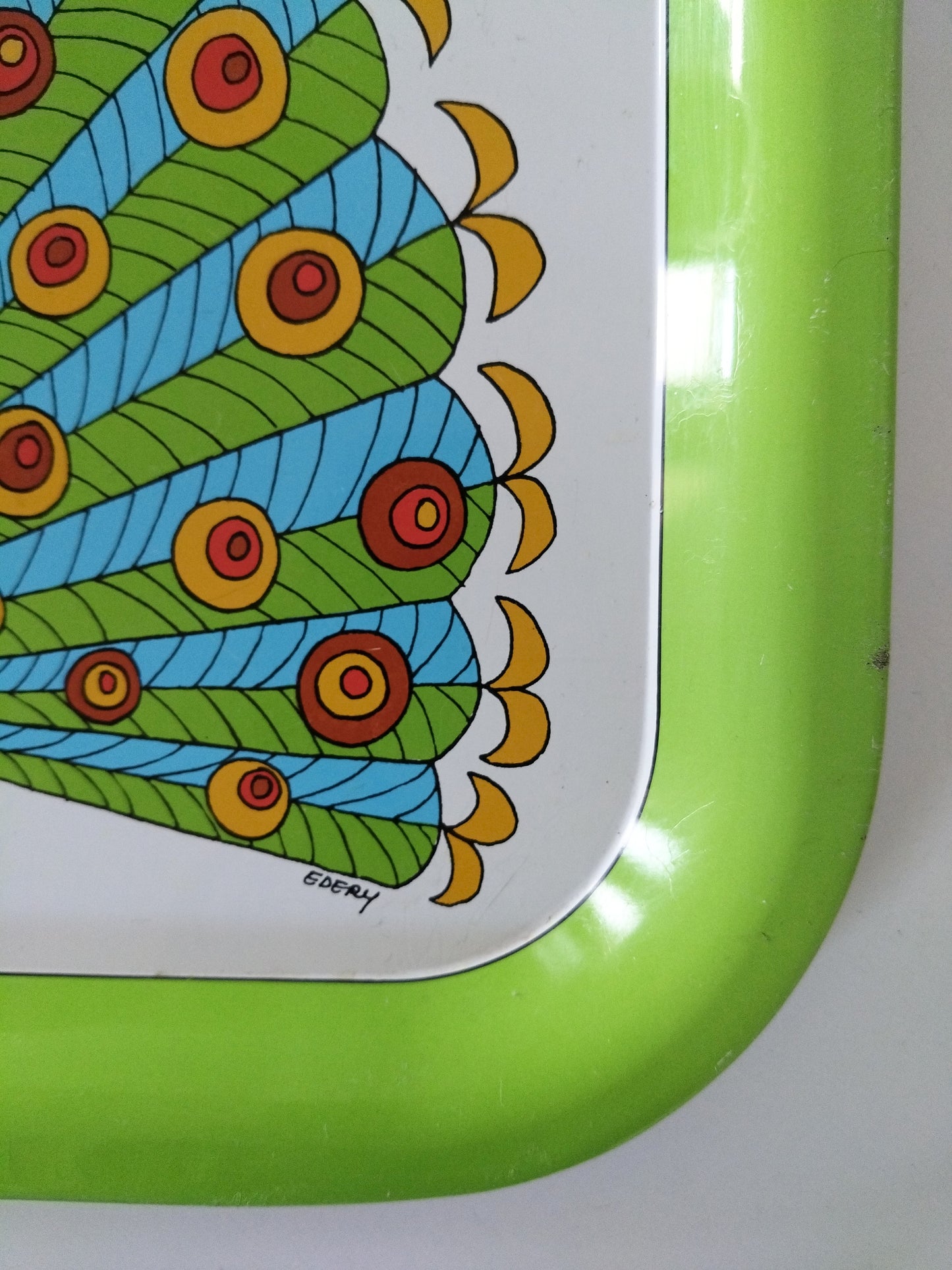 Plateau métallique paon publicitaire Préfontaines Edery