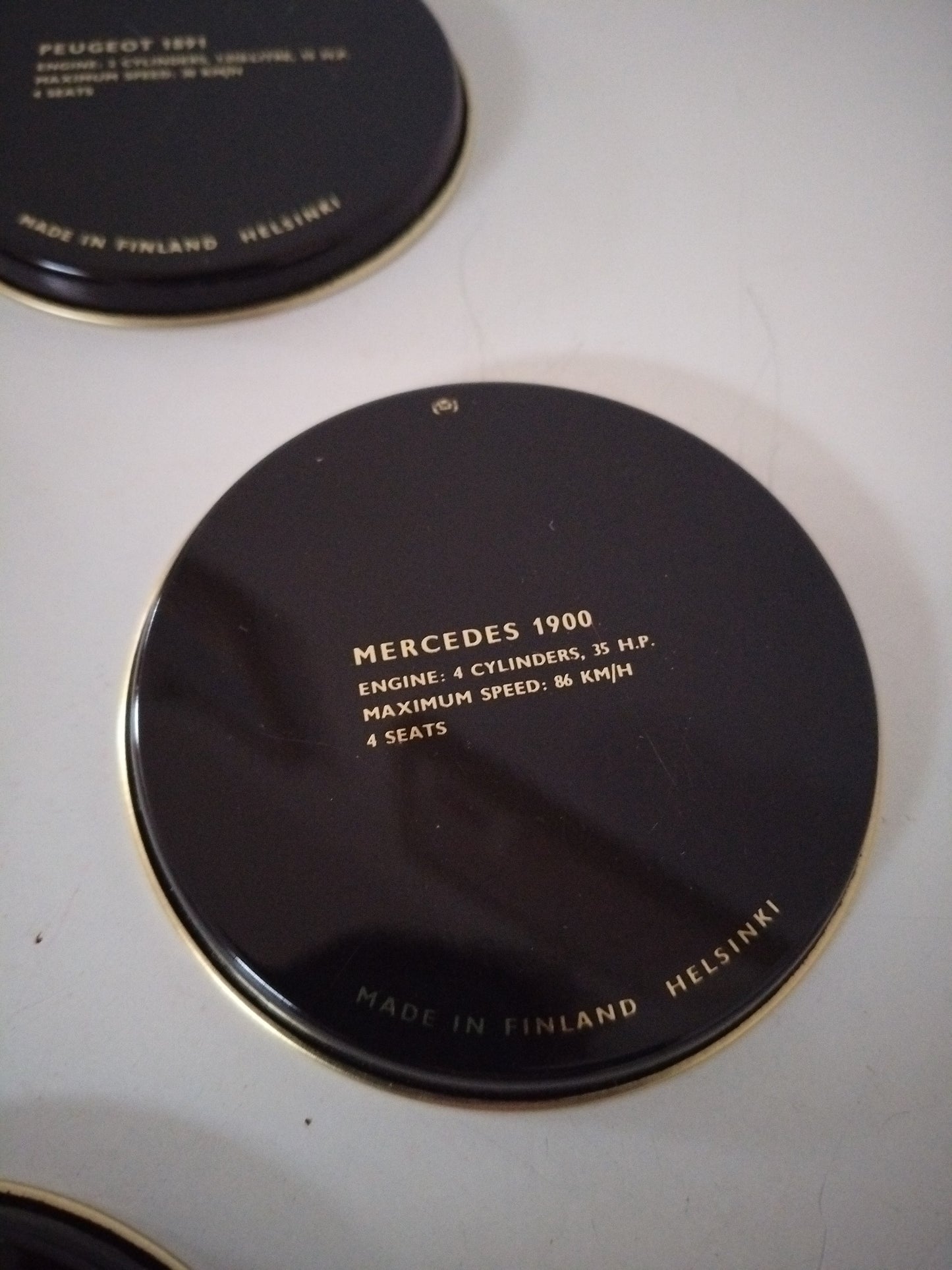 6 sous-verres métalliques voitures anciennes fin 1800 début 1900 made in Finlande