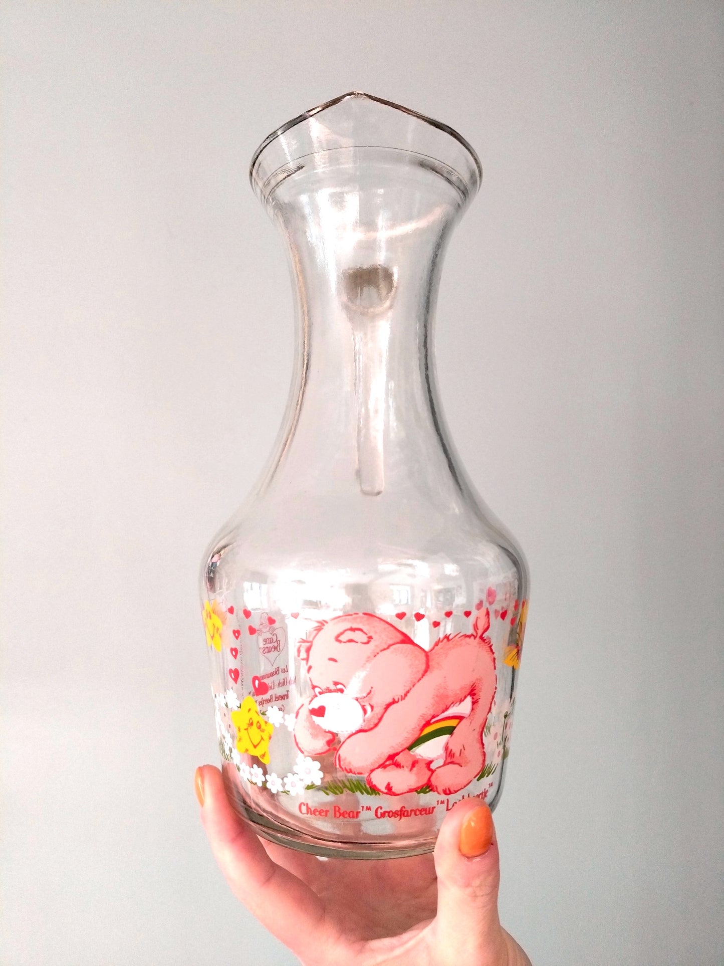 Carafe pichet cruche en verre Care Bears Les Bisounours Cheer Bear Grosfarceur 1985