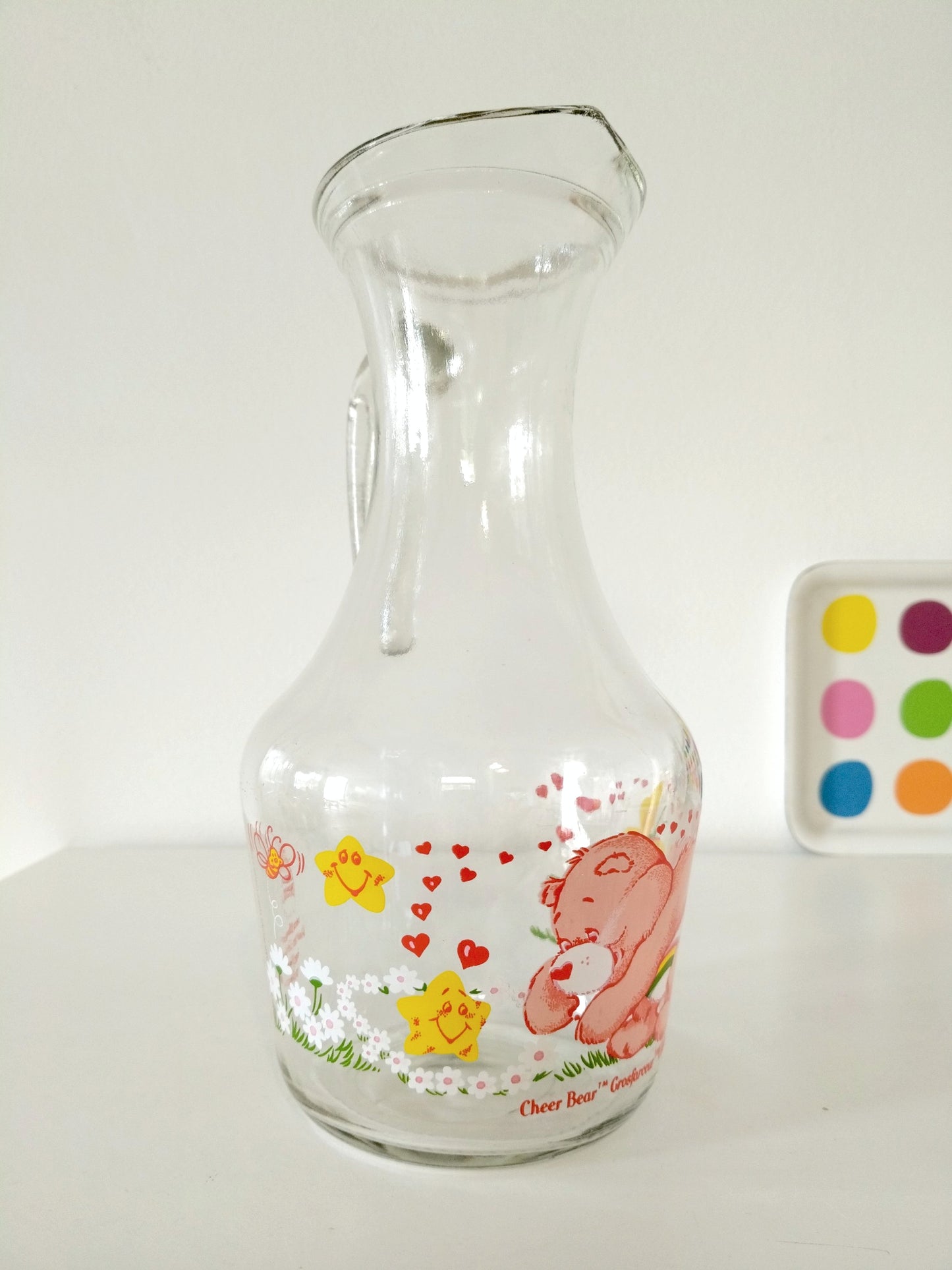 Carafe pichet cruche en verre Care Bears Les Bisounours Cheer Bear Grosfarceur 1985