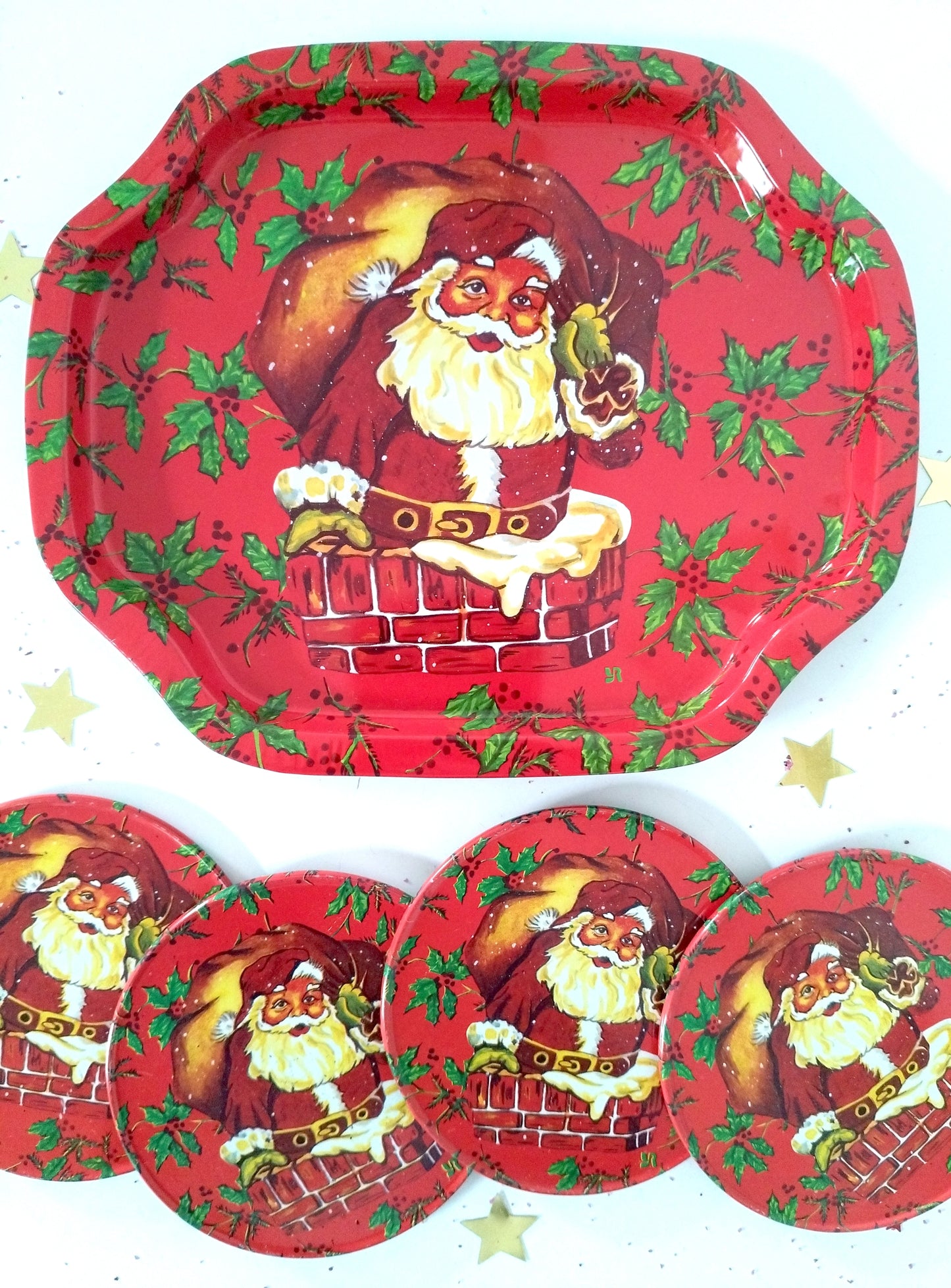 Mini plateau et 4 sous-verres métalliques de Noël publicitaires Yves Rocher