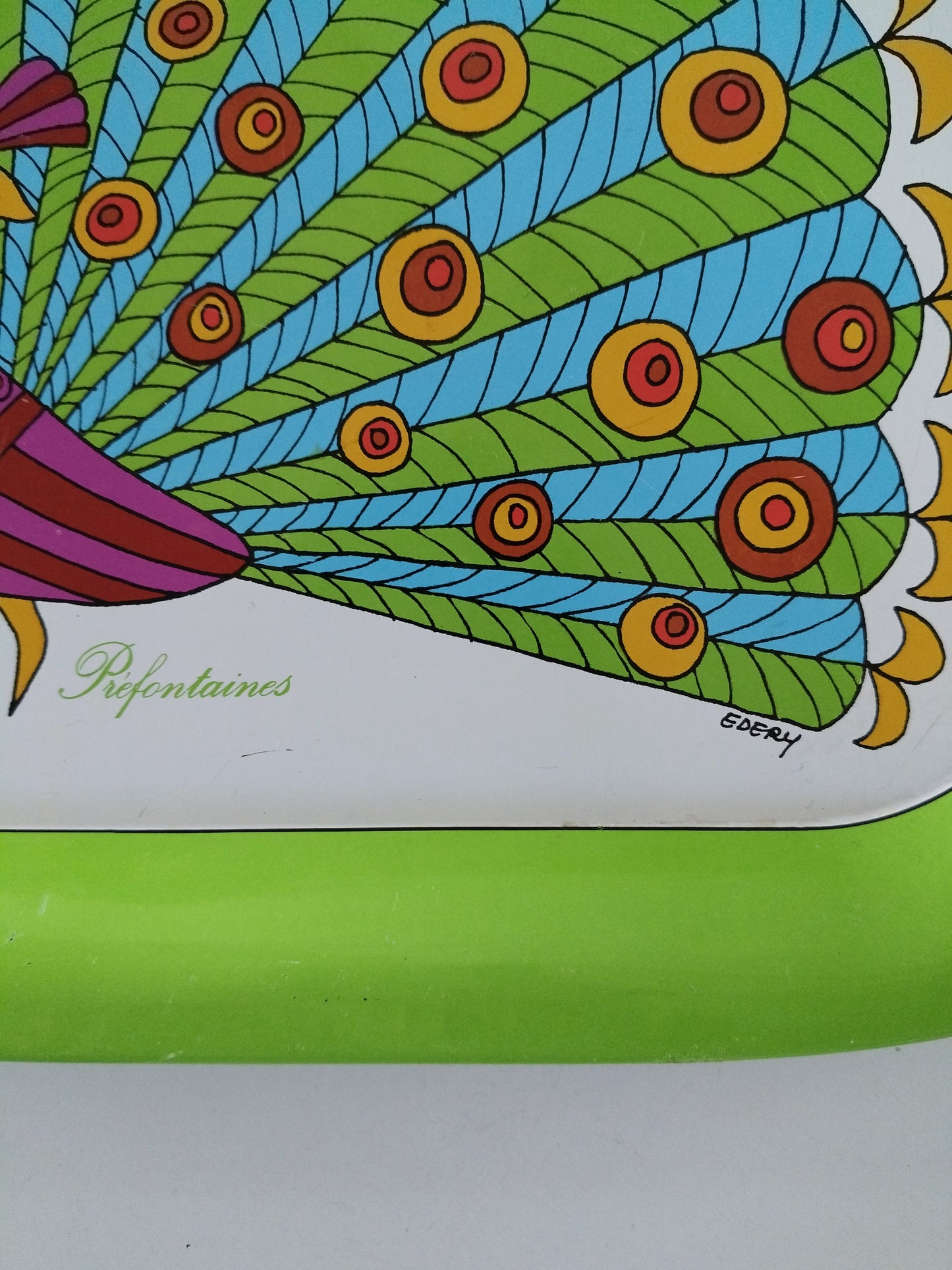 Plateau métallique paon publicitaire Préfontaines Edery